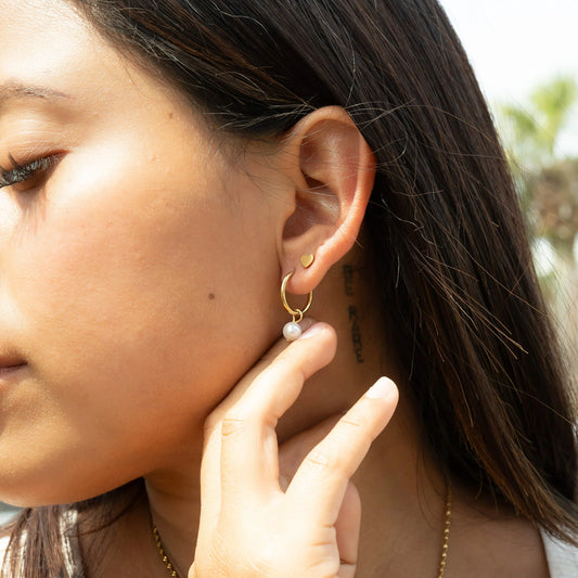 18K Gold PVD Stainless Steel Pearl Charm Huggie Hoop Earrings