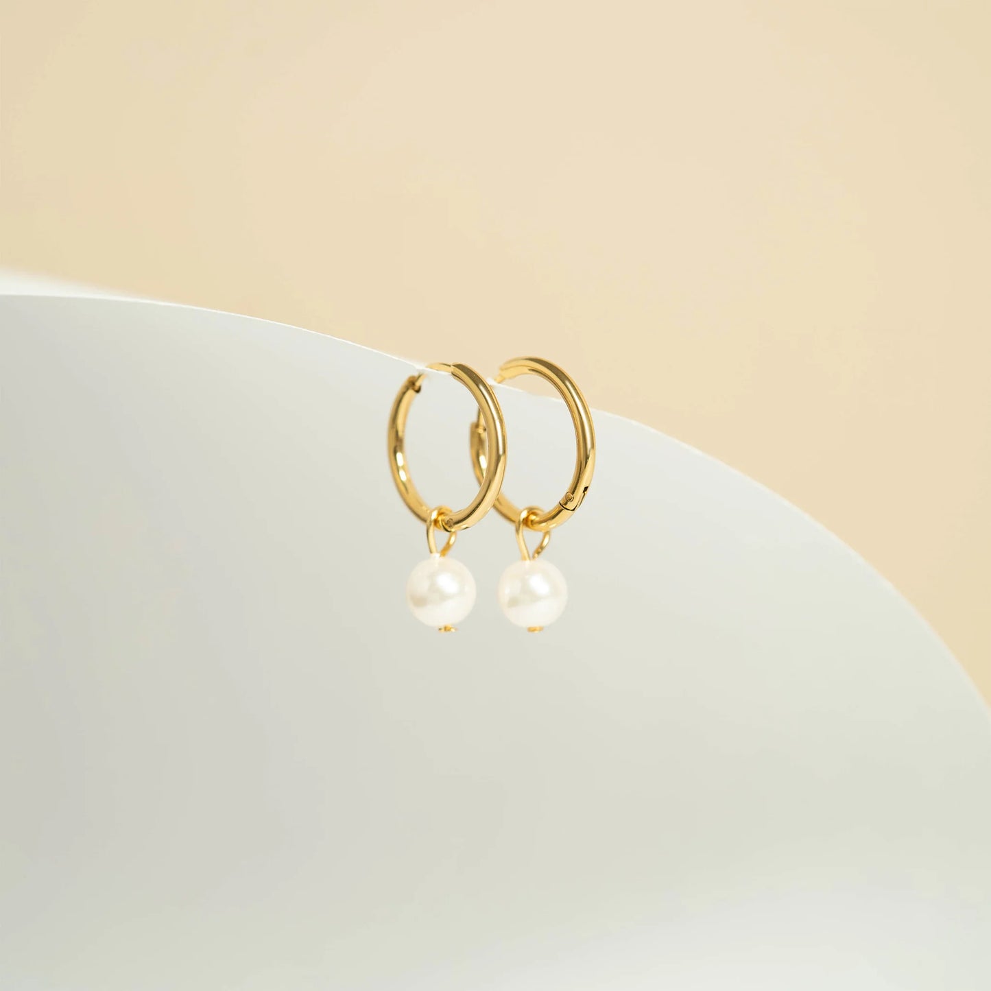 18K Gold PVD Stainless Steel Pearl Charm Huggie Hoop Earrings