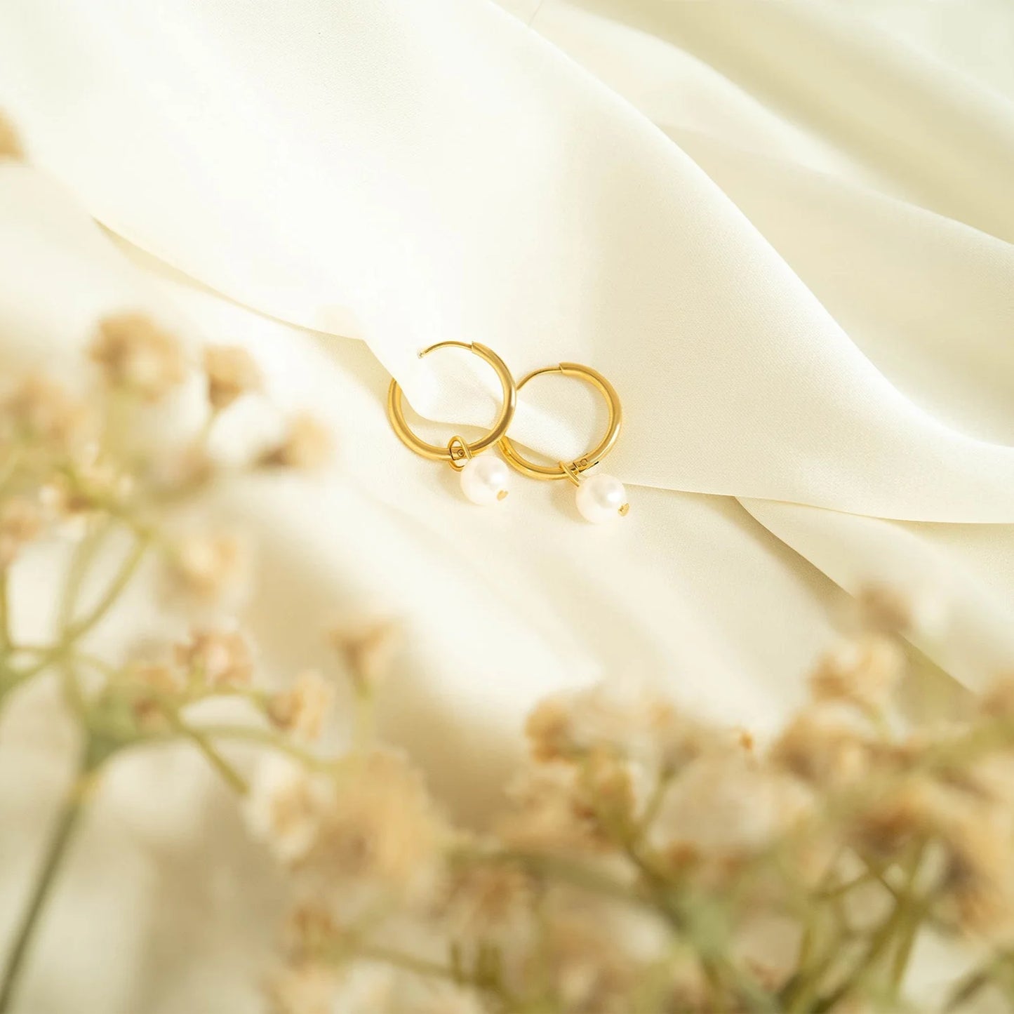 18K Gold PVD Stainless Steel Pearl Charm Huggie Hoop Earrings