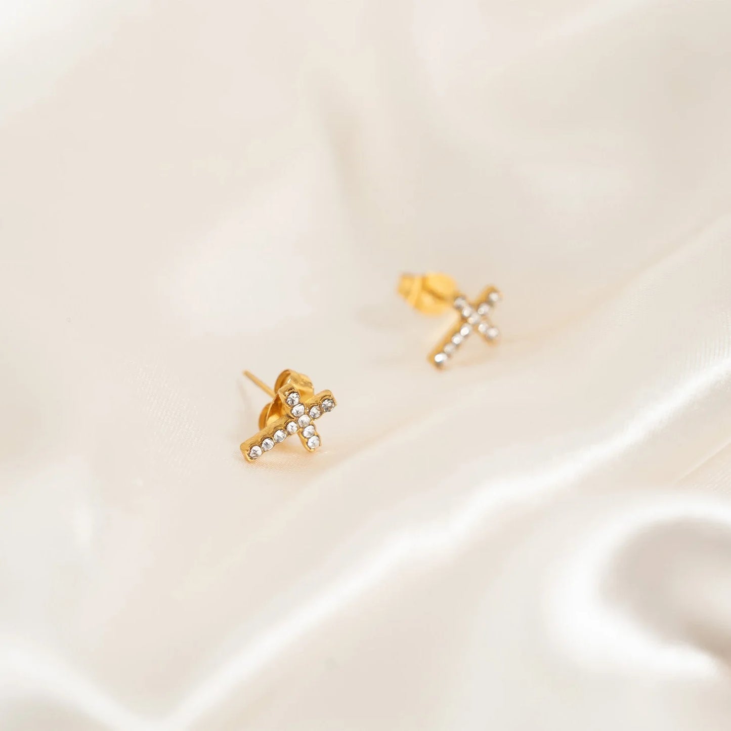 18K Gold PVD Stainless Steel Stone Cross Earrings