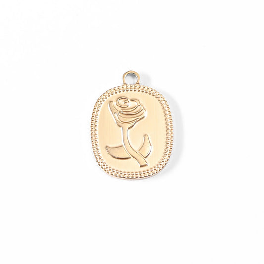 18K Gold PVD Stainless Steel Rectangle Rose Charm