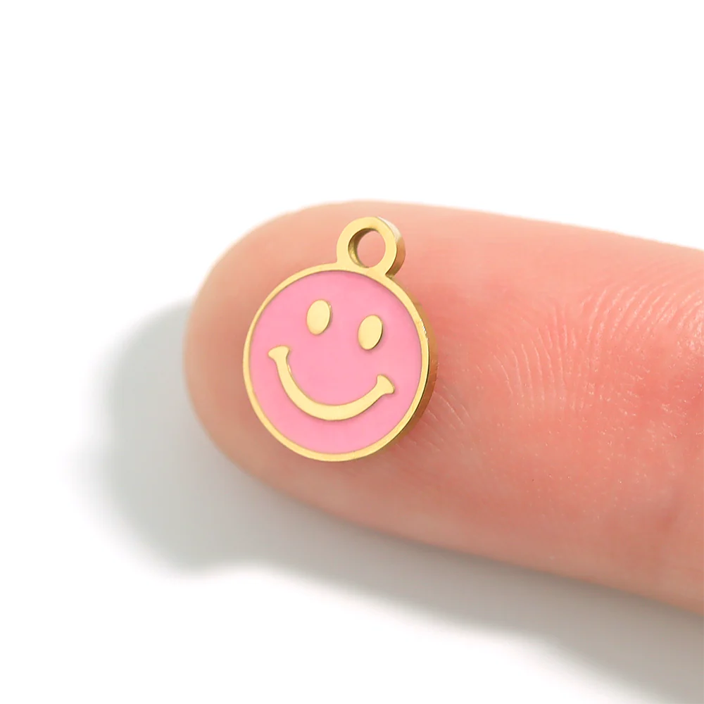 18K Gold PVD Stainless Steel Epoxy Pink Smiley Face Charm