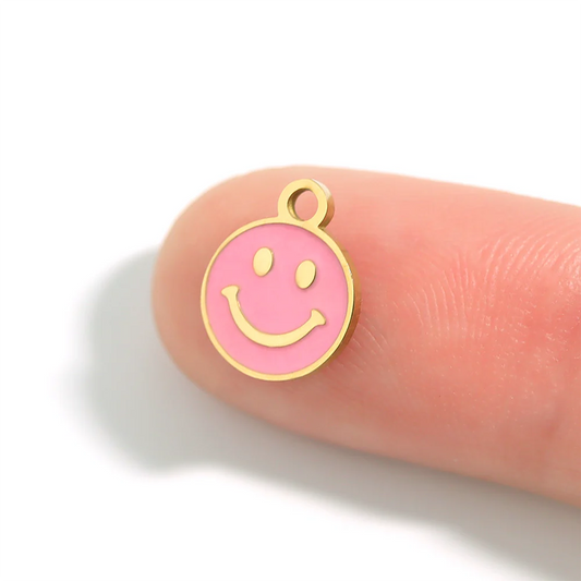 18K Gold PVD Stainless Steel Epoxy Pink Smiley Face Charm