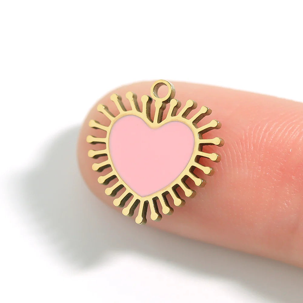 18K Gold PVD Stainless Steel Epoxy Pink Sun Ray Heart Charm