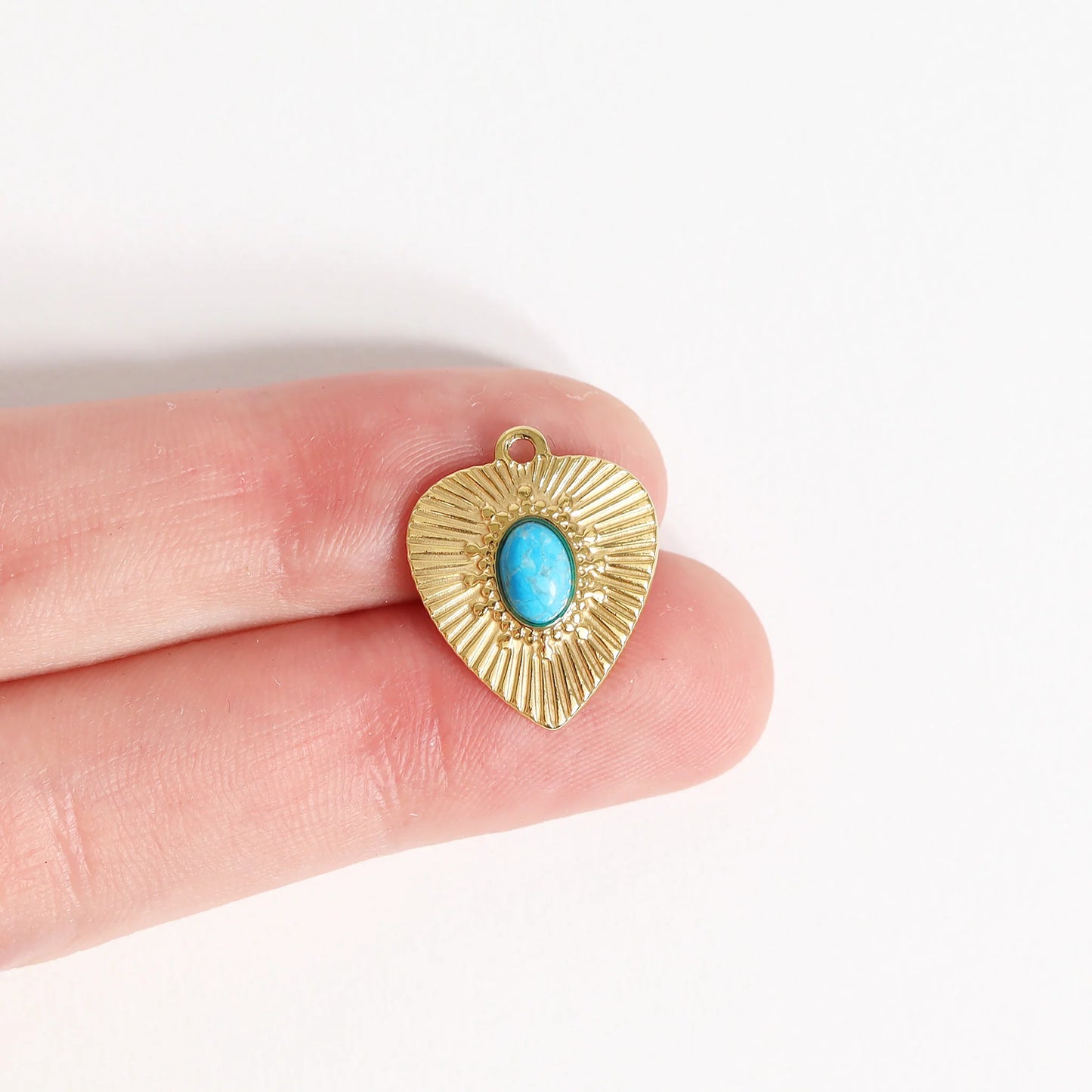 18K Gold PVD Stainless Steel Sunburst Heart Semi Precious Stone Charm