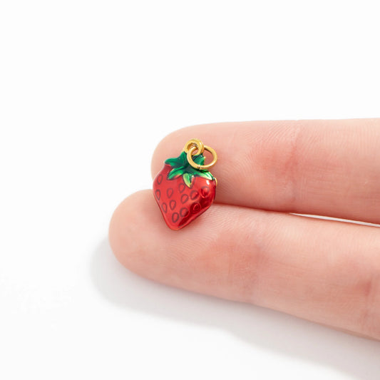 18K Gold PVD Stainless Steel Epoxy Strawberry Charm