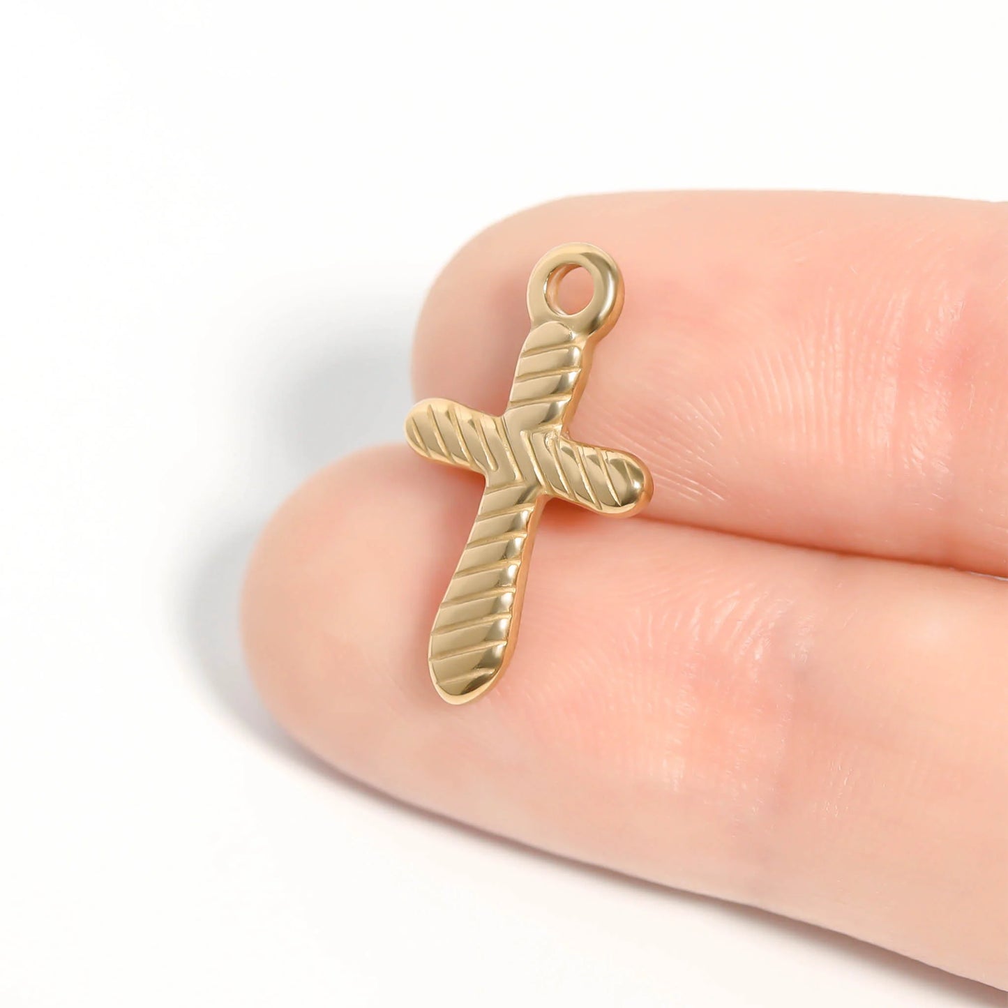 18K Gold PVD Stainless Steel Textured Cross Charm